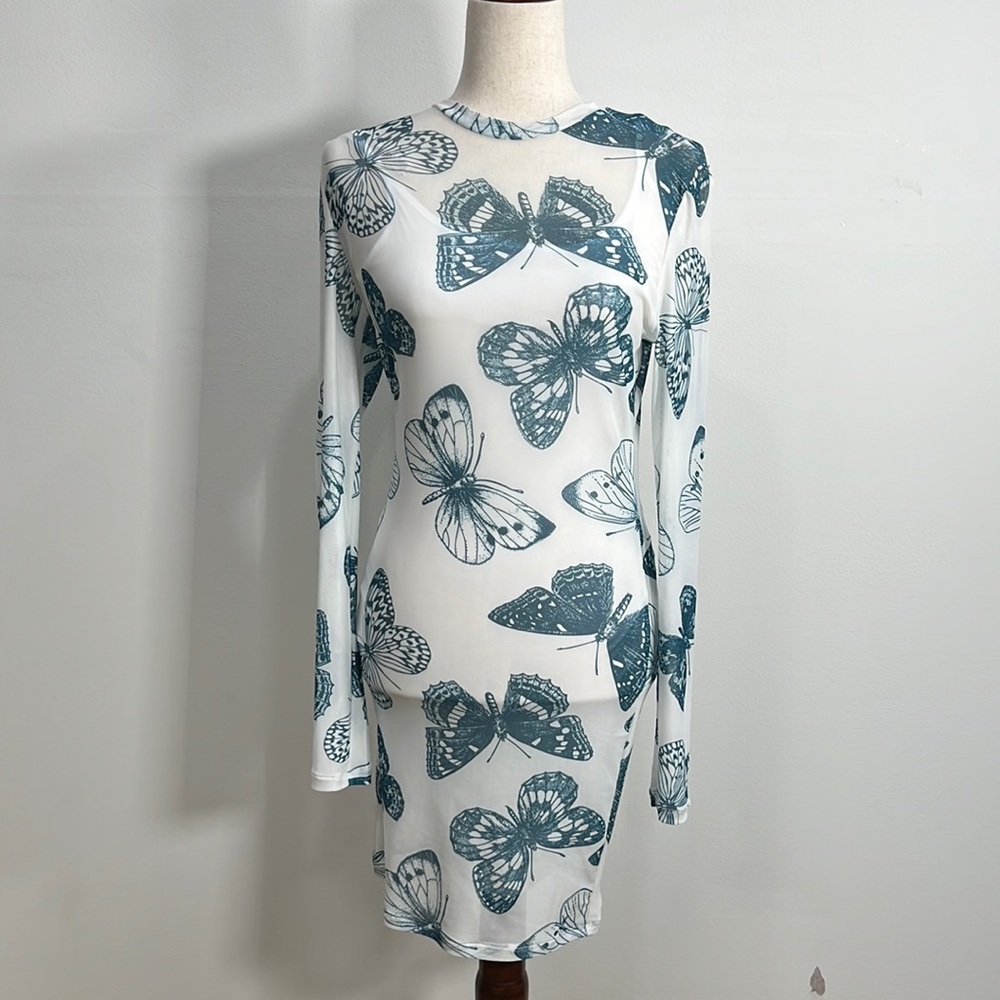 Guess Mini Dress Longsleeve Semi Sheer Butterfly Print Size L Bodycon